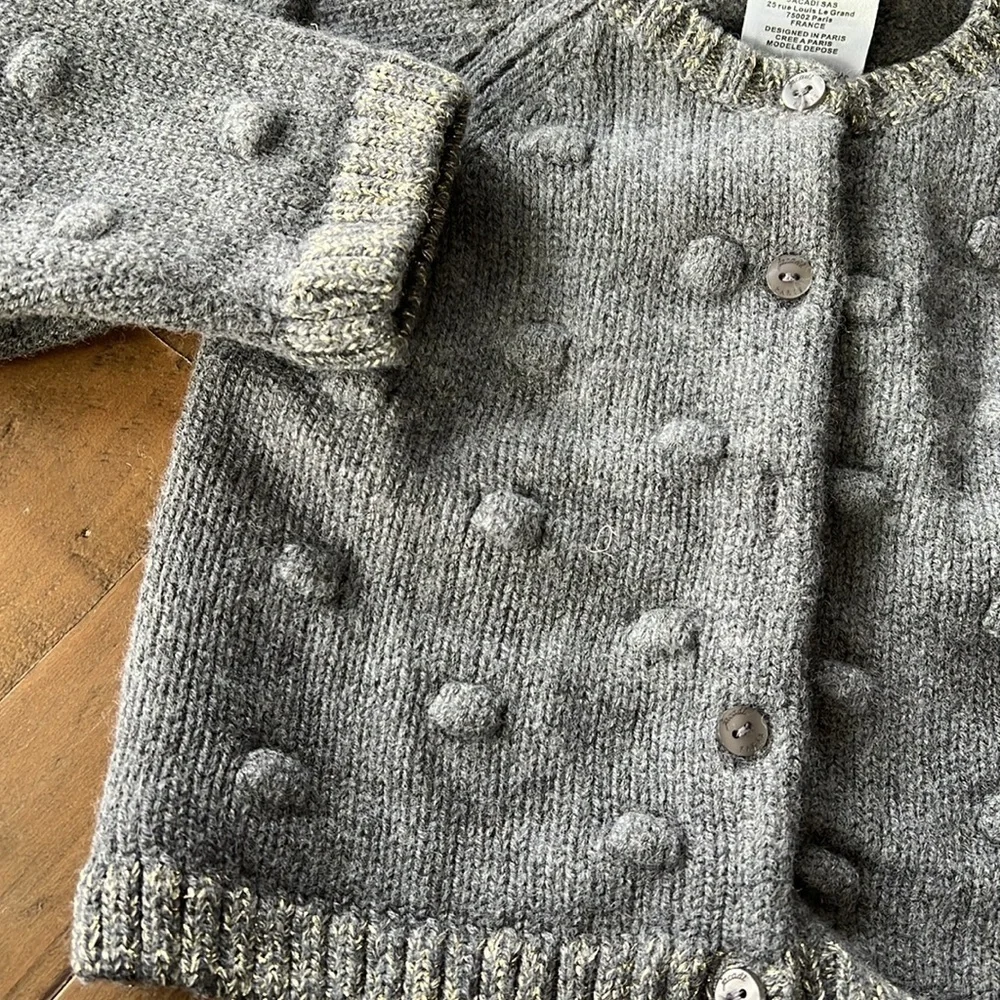 Jacadi gray metallic Pom Pom knit cardigan sweater - Picture 2 of 5